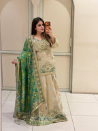 Beige & Green Luxe Embroidered Lehenga Set (Premium Fabric)