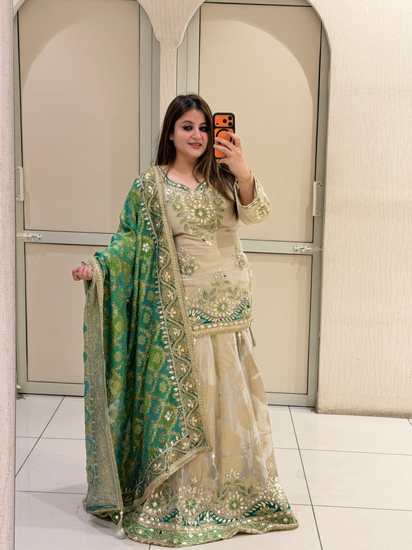 Beige & Green Luxe Embroidered Lehenga Set (Premium Fabric)