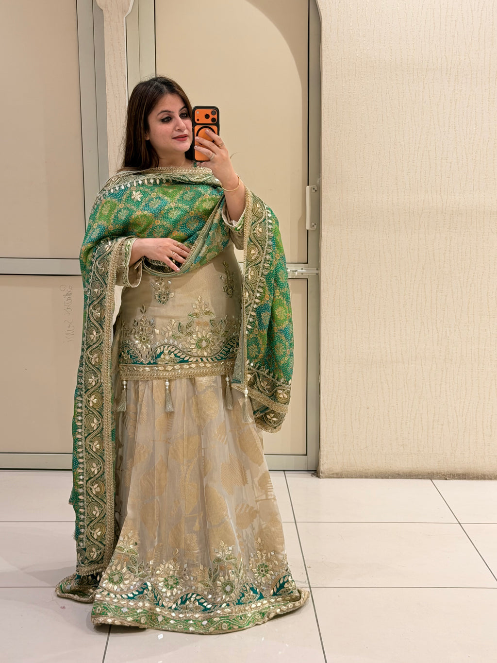Beige & Green Luxe Embroidered Lehenga Set (Premium Fabric)