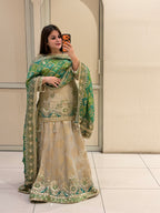 Beige & Green Luxe Embroidered Lehenga Set (Premium Fabric)