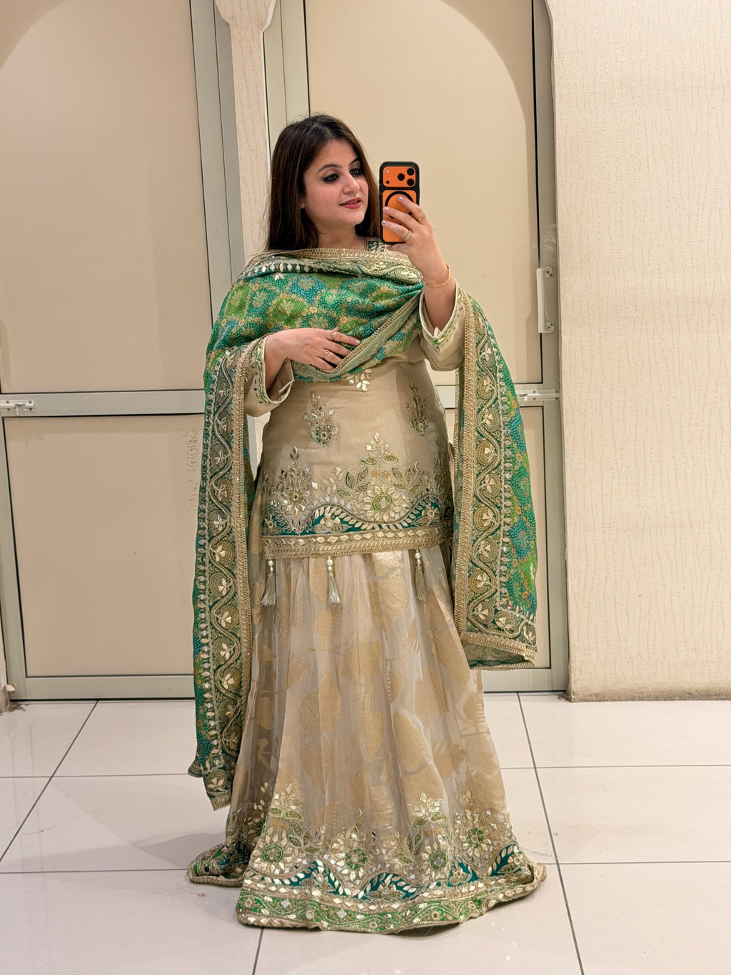 Beige & Green Luxe Embroidered Lehenga Set (Premium Fabric)