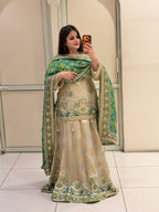 Beige & Green Luxe Embroidered Lehenga Set (Premium Fabric)