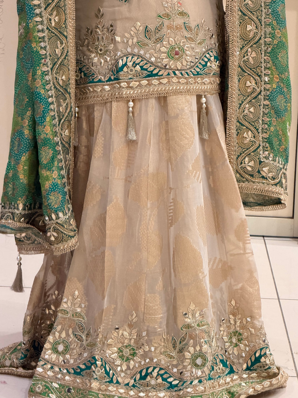 Beige & Green Luxe Embroidered Lehenga Set (Premium Fabric)