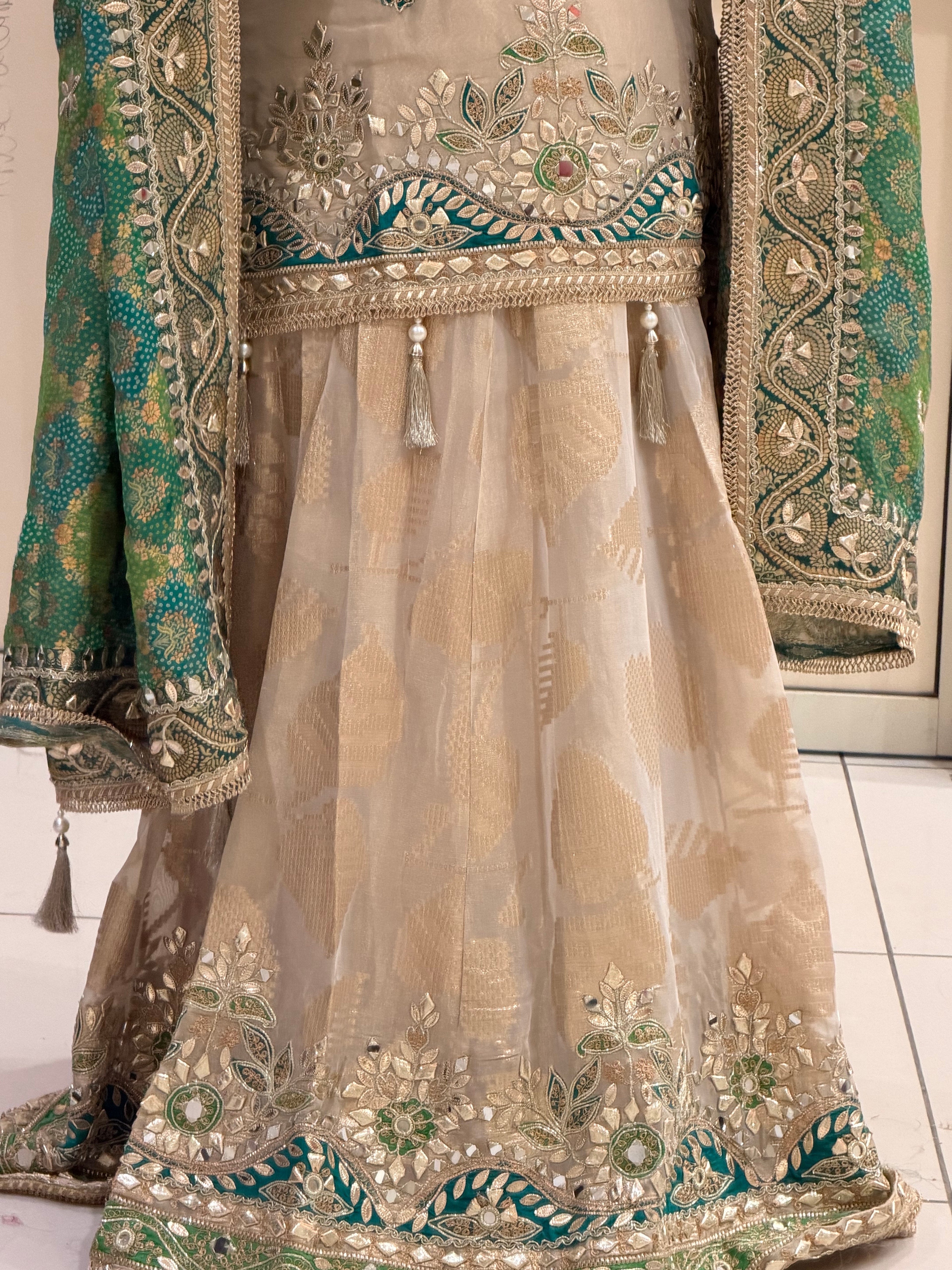 Beige & Green Luxe Embroidered Lehenga Set (Premium Fabric)