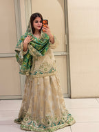 Beige & Green Luxe Embroidered Lehenga Set (Premium Fabric)