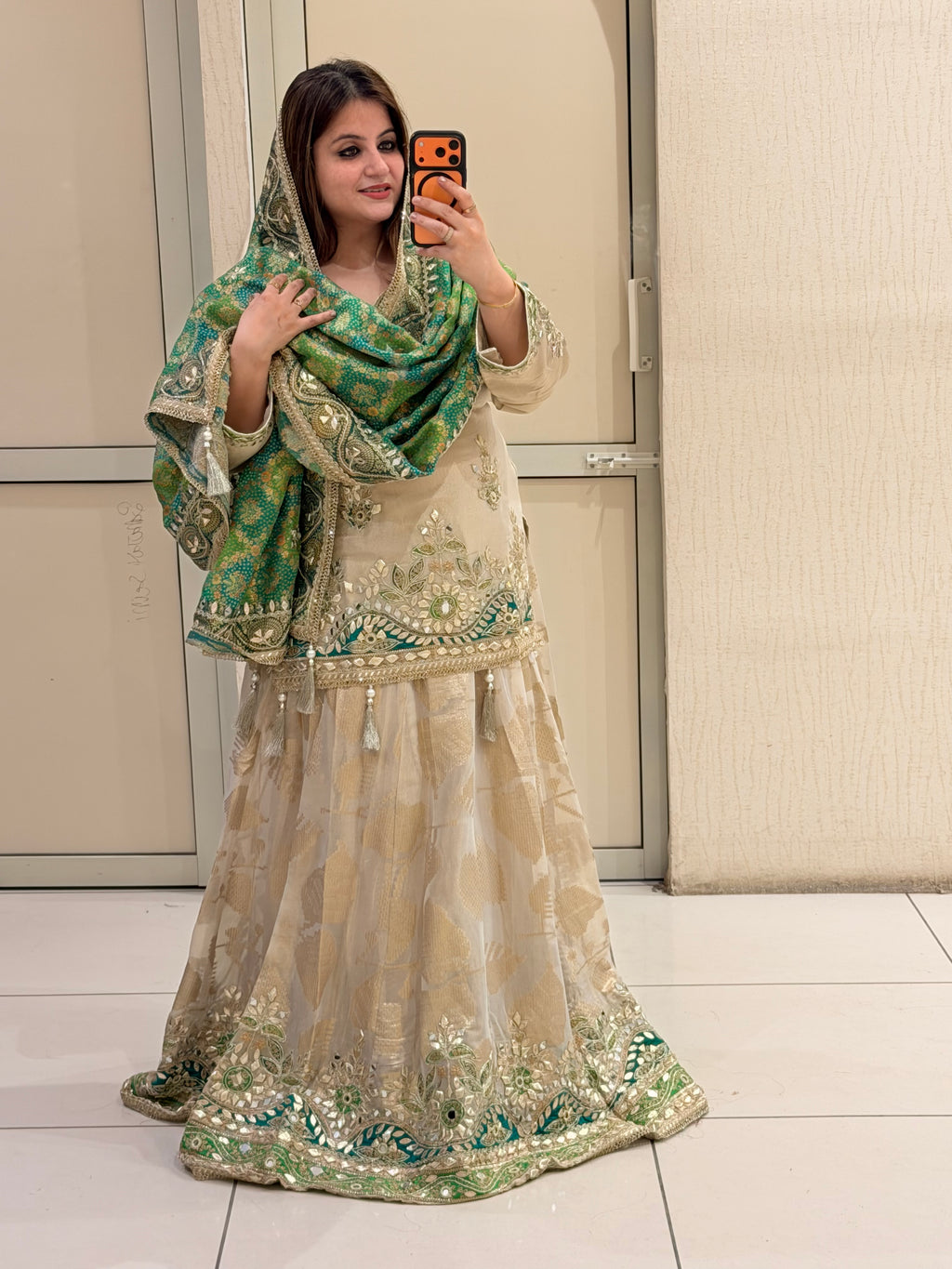Beige & Green Luxe Embroidered Lehenga Set (Premium Fabric)