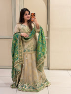 Beige & Green Luxe Embroidered Lehenga Set (Premium Fabric)