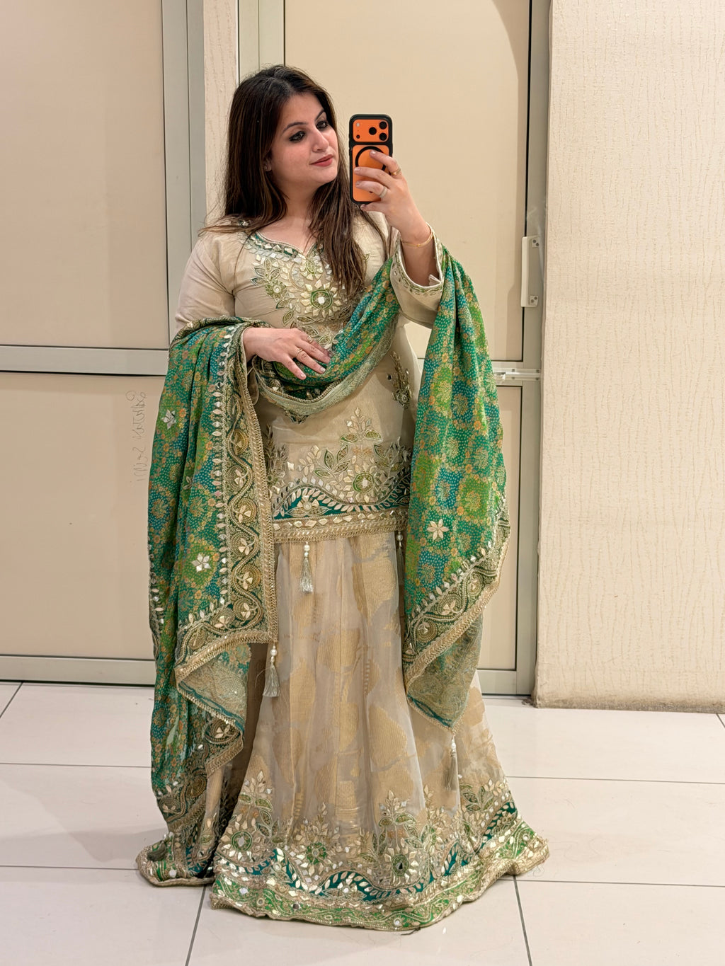 Beige & Green Luxe Embroidered Lehenga Set (Premium Fabric)