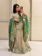 Beige & Green Luxe Embroidered Lehenga Set (Premium Fabric)