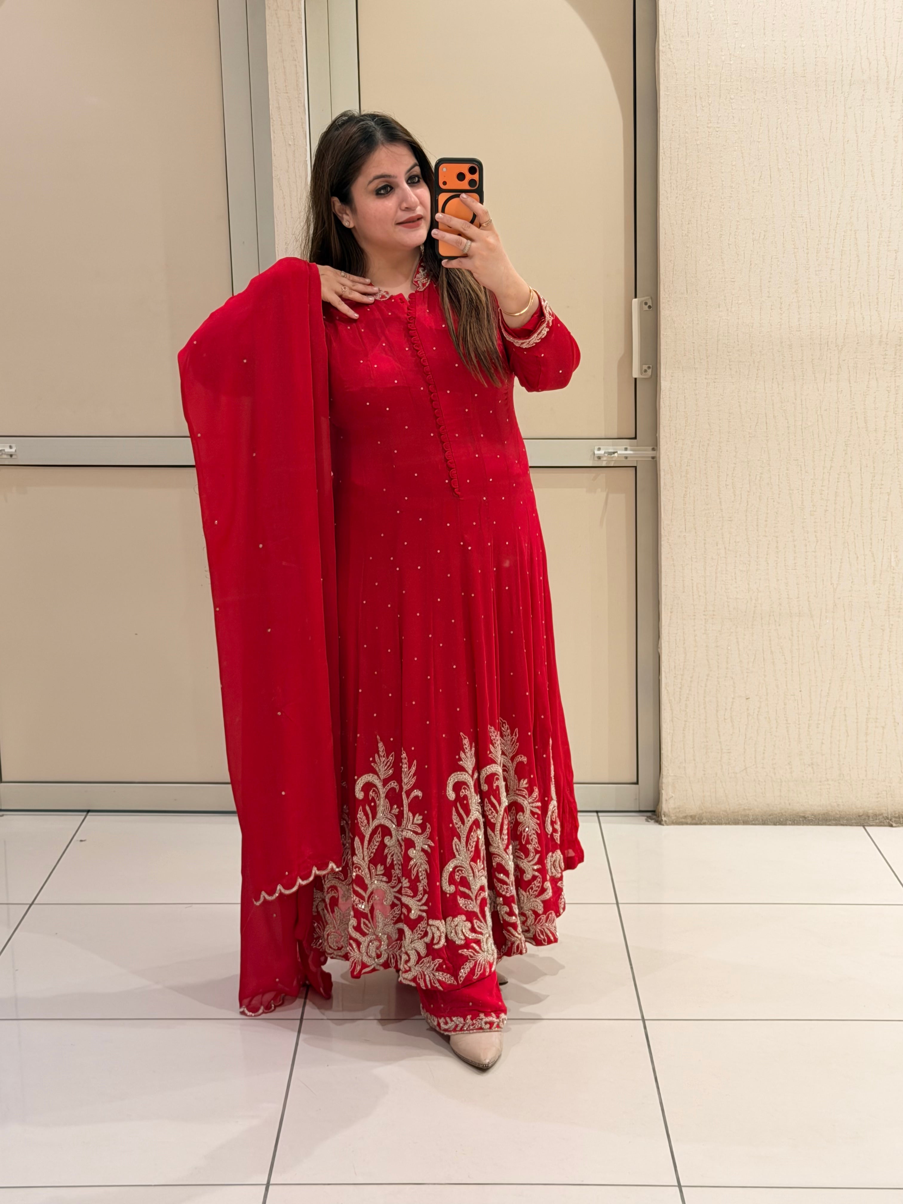 Red Luxe Handwork Embroidered Suit Set (Premium Fabric)