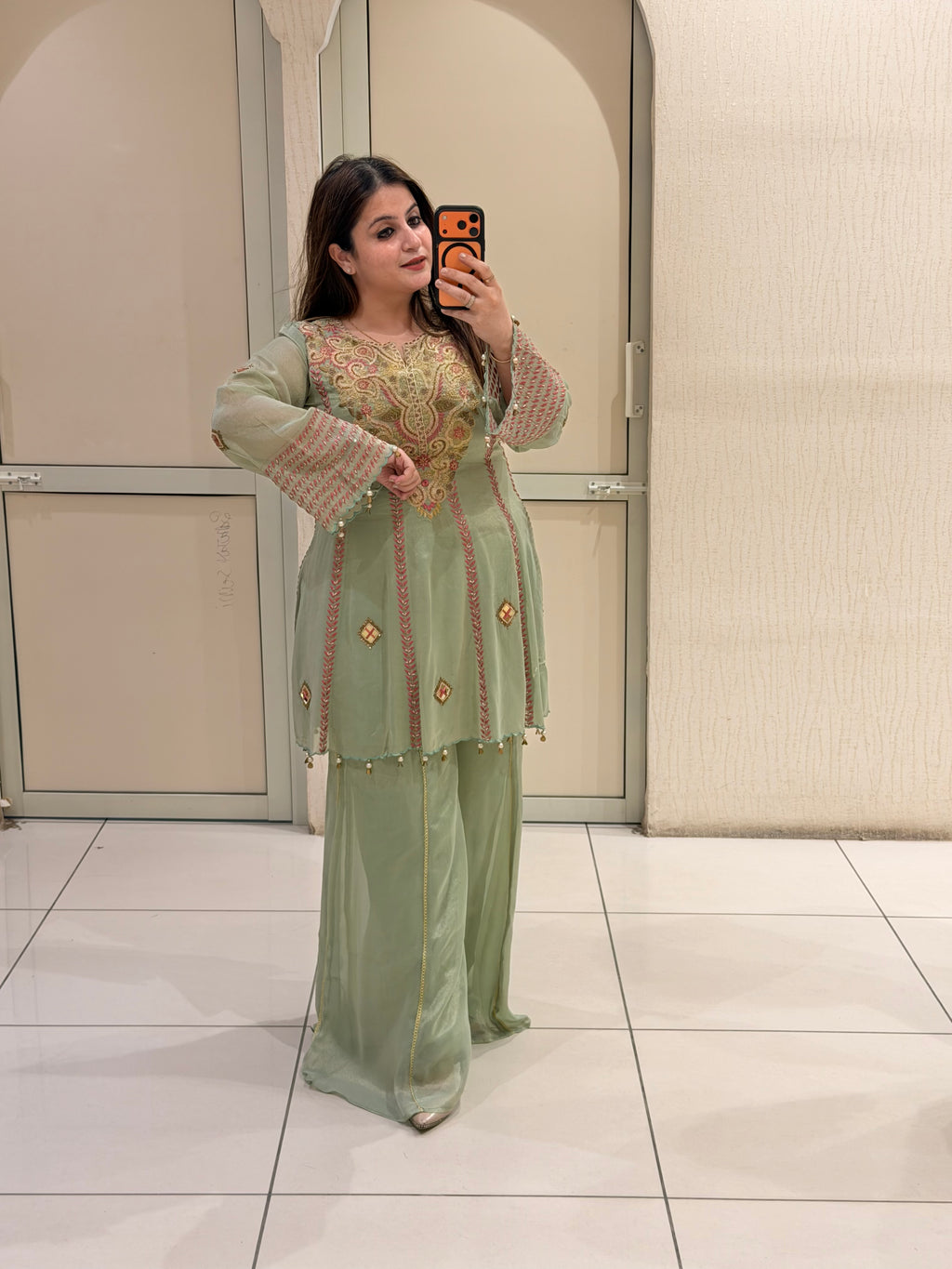 Mint Green Luxe Embroidered Suit Set (Premium Fabric)