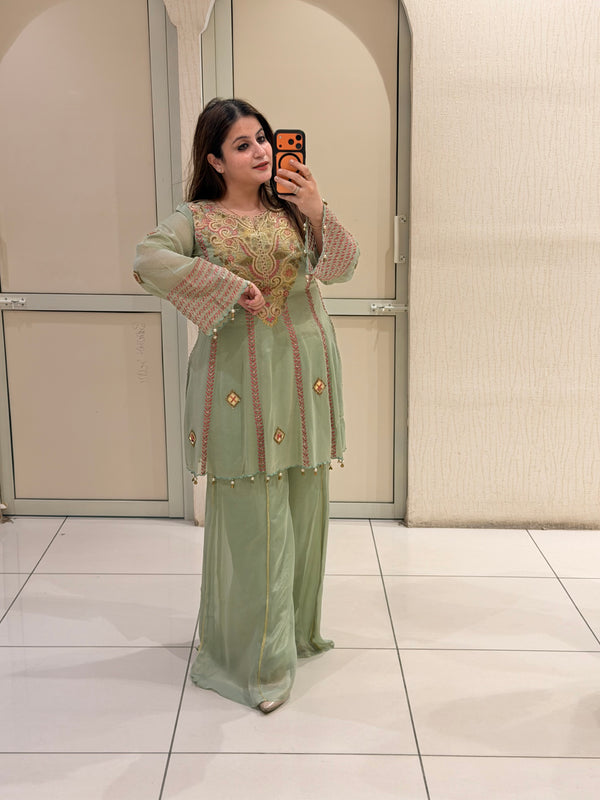 Mint Green Luxe Embroidered Suit Set (Premium Fabric)