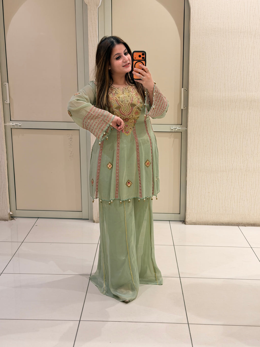 Mint Green Luxe Embroidered Suit Set (Premium Fabric)