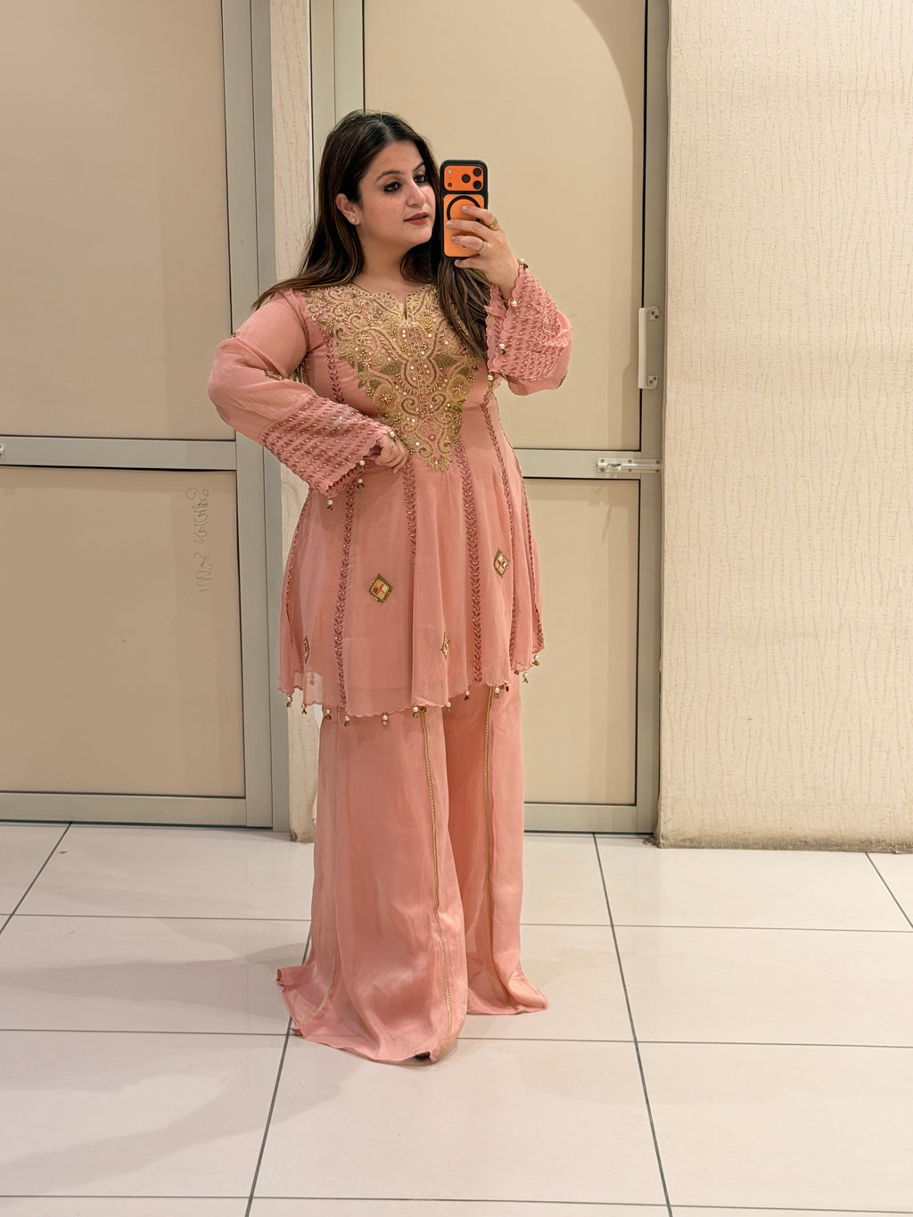 Peach Luxe Embroidered Suit Set (Premium Fabric)