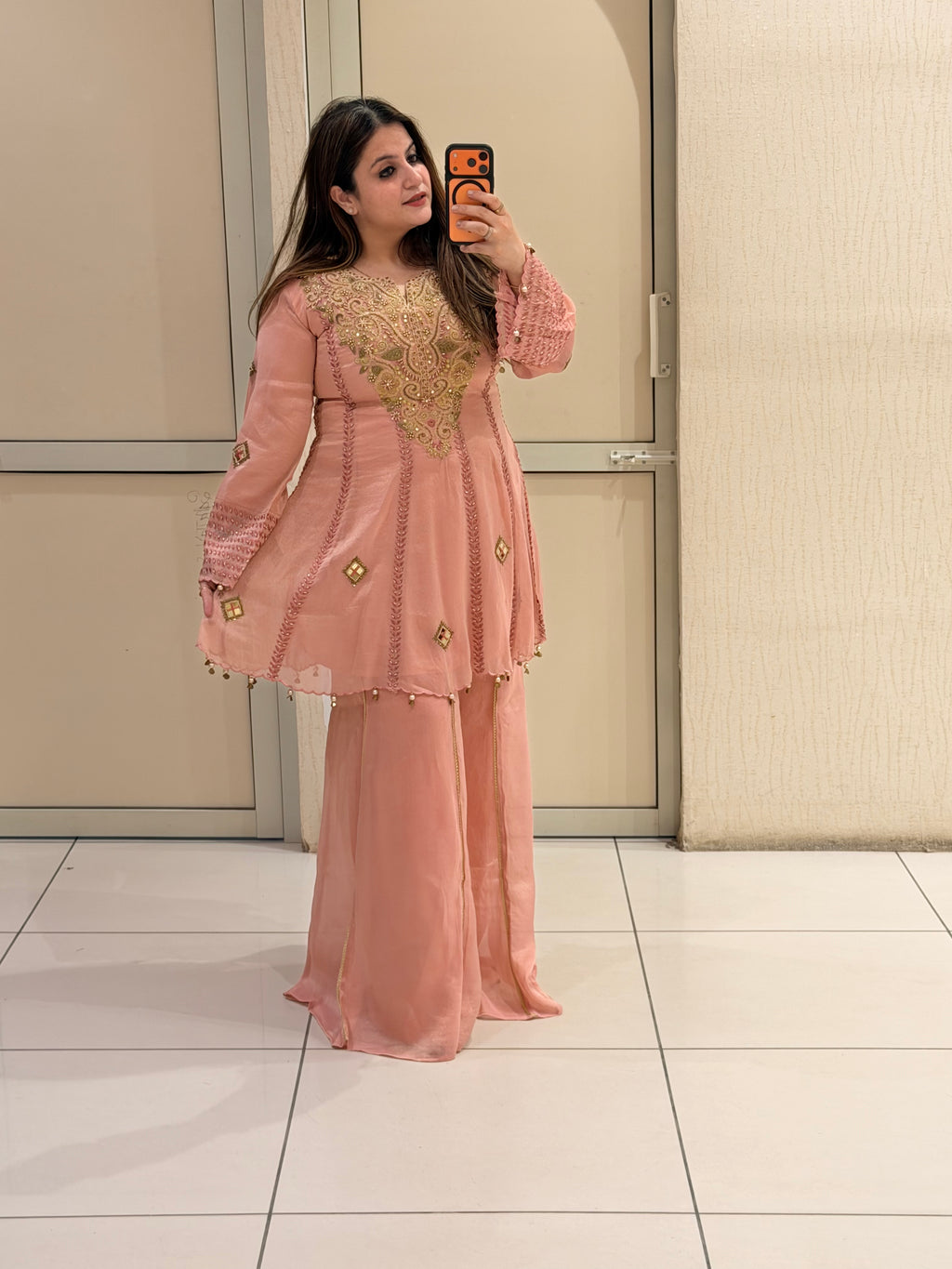 Peach Luxe Embroidered Suit Set (Premium Fabric)