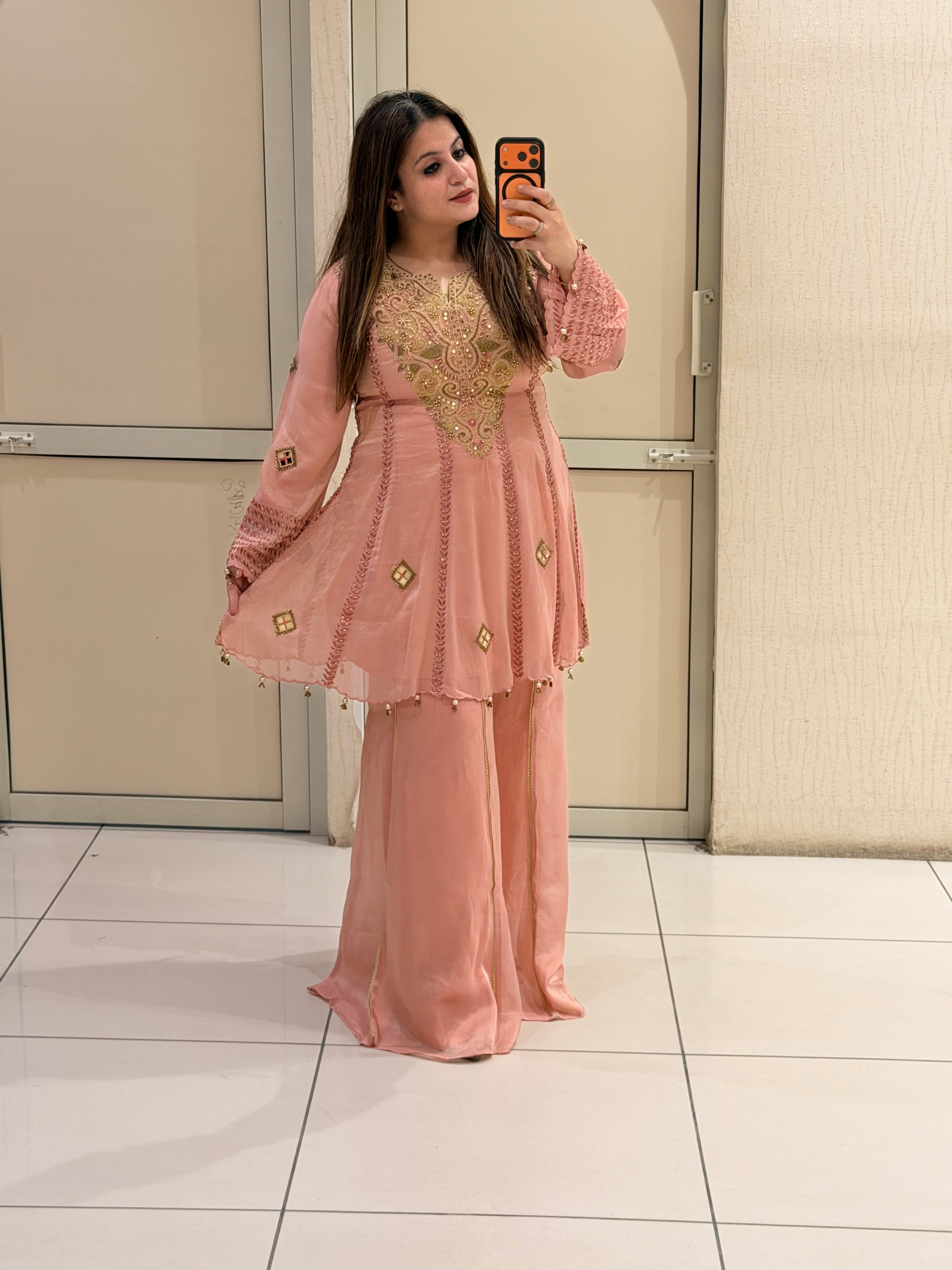 Peach Luxe Embroidered Suit Set (Premium Fabric)