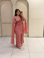 Coral Pink Embroidered Georgette Suit Set (M–XXL)