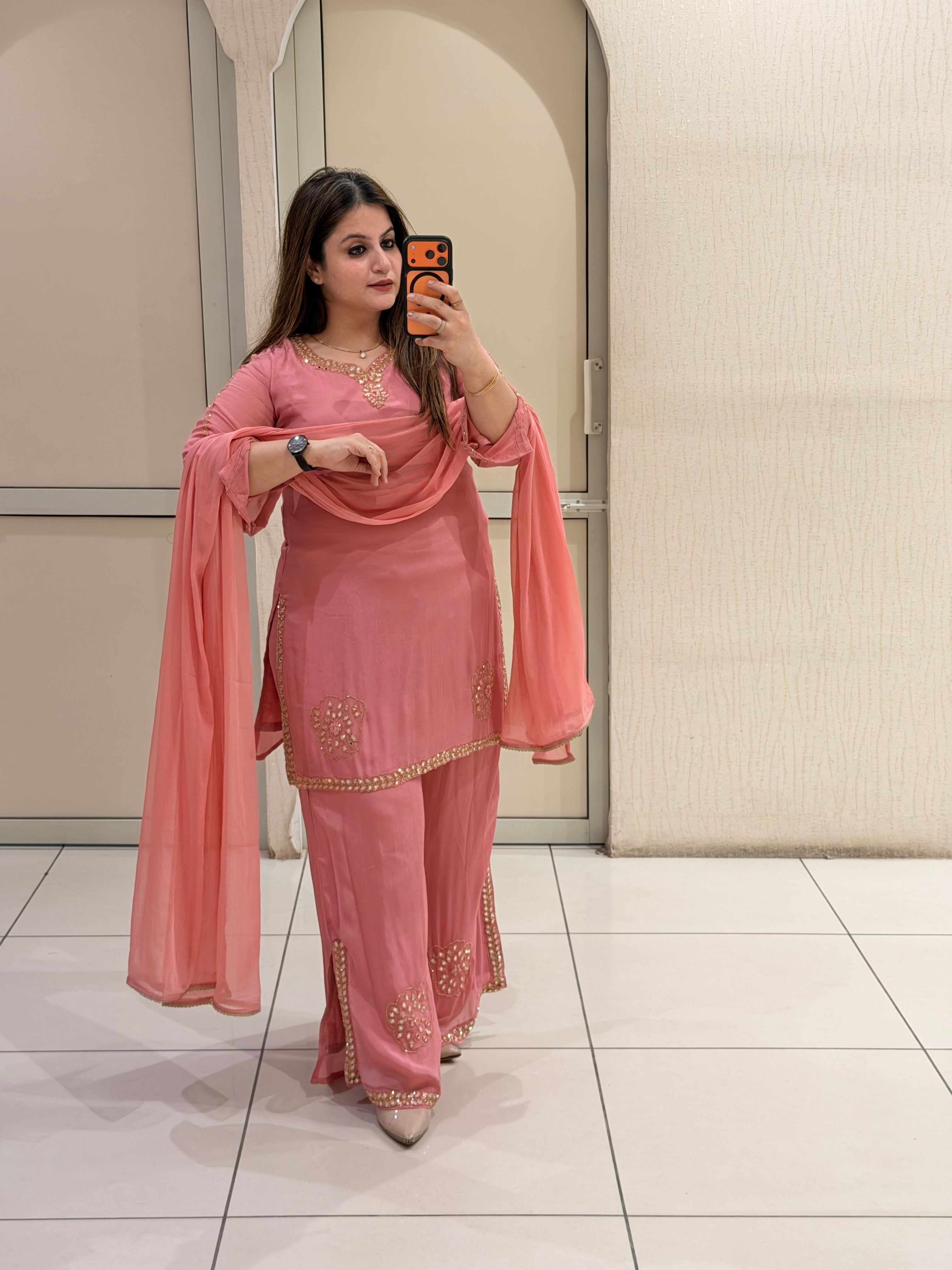 Coral Pink Embroidered Georgette Suit Set (M–XXL)