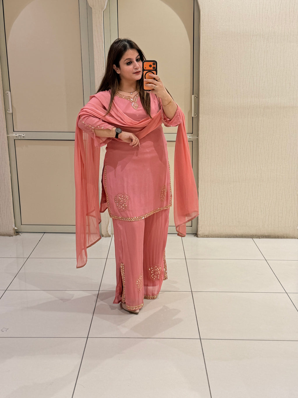 Coral Pink Embroidered Georgette Suit Set (M–XXL)