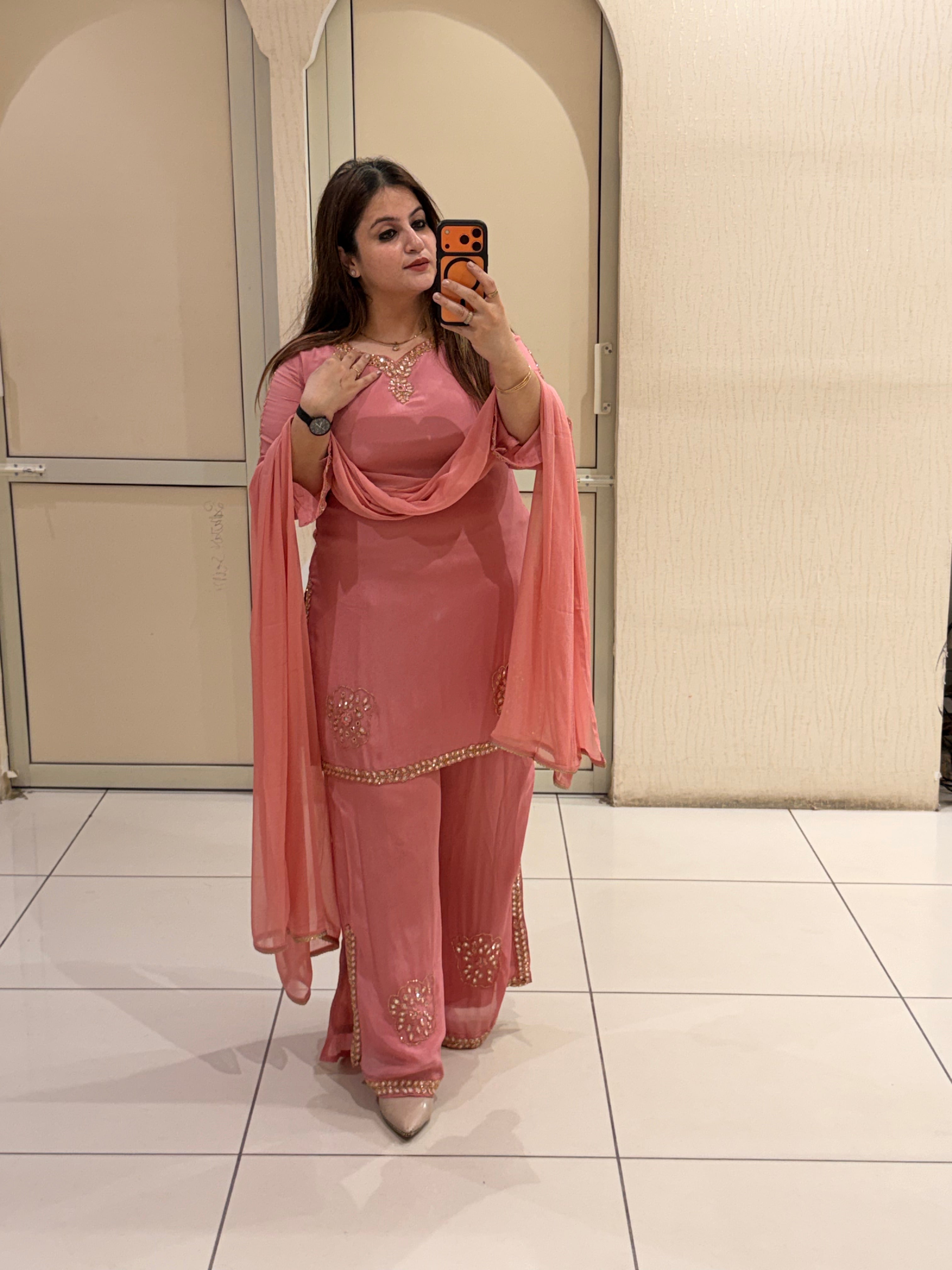 Coral Pink Embroidered Georgette Suit Set (M–XXL)