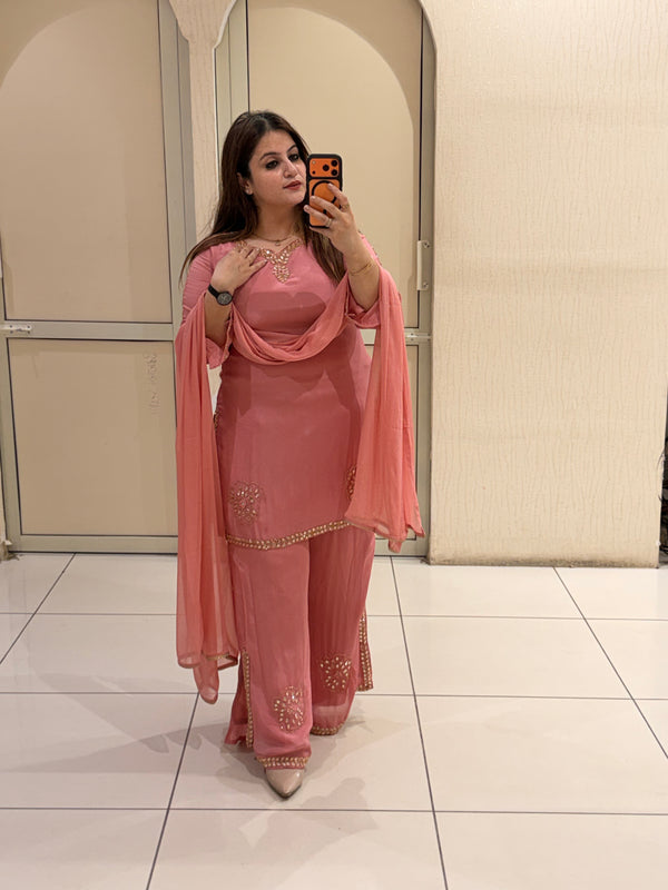 Coral Pink Embroidered Georgette Suit Set (M–XXL)