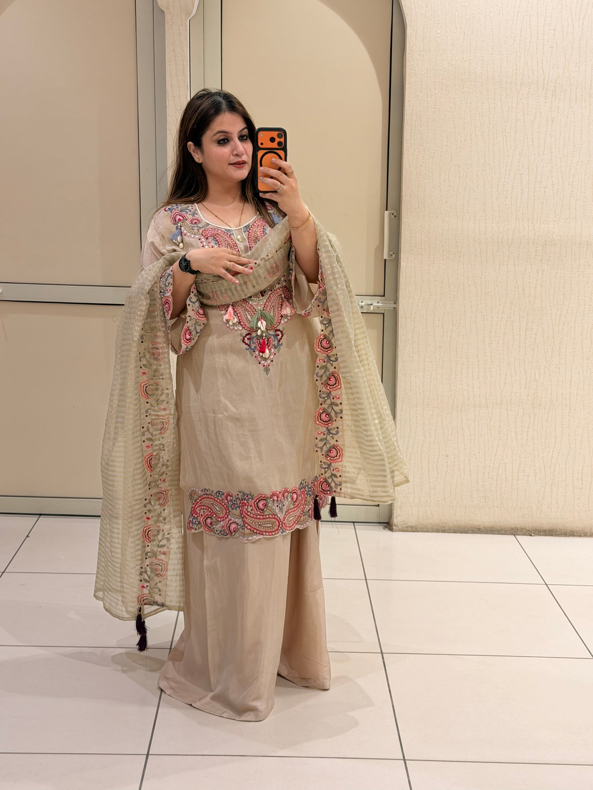 Beige Embroidered Cotton Suit Set (M–XXL)