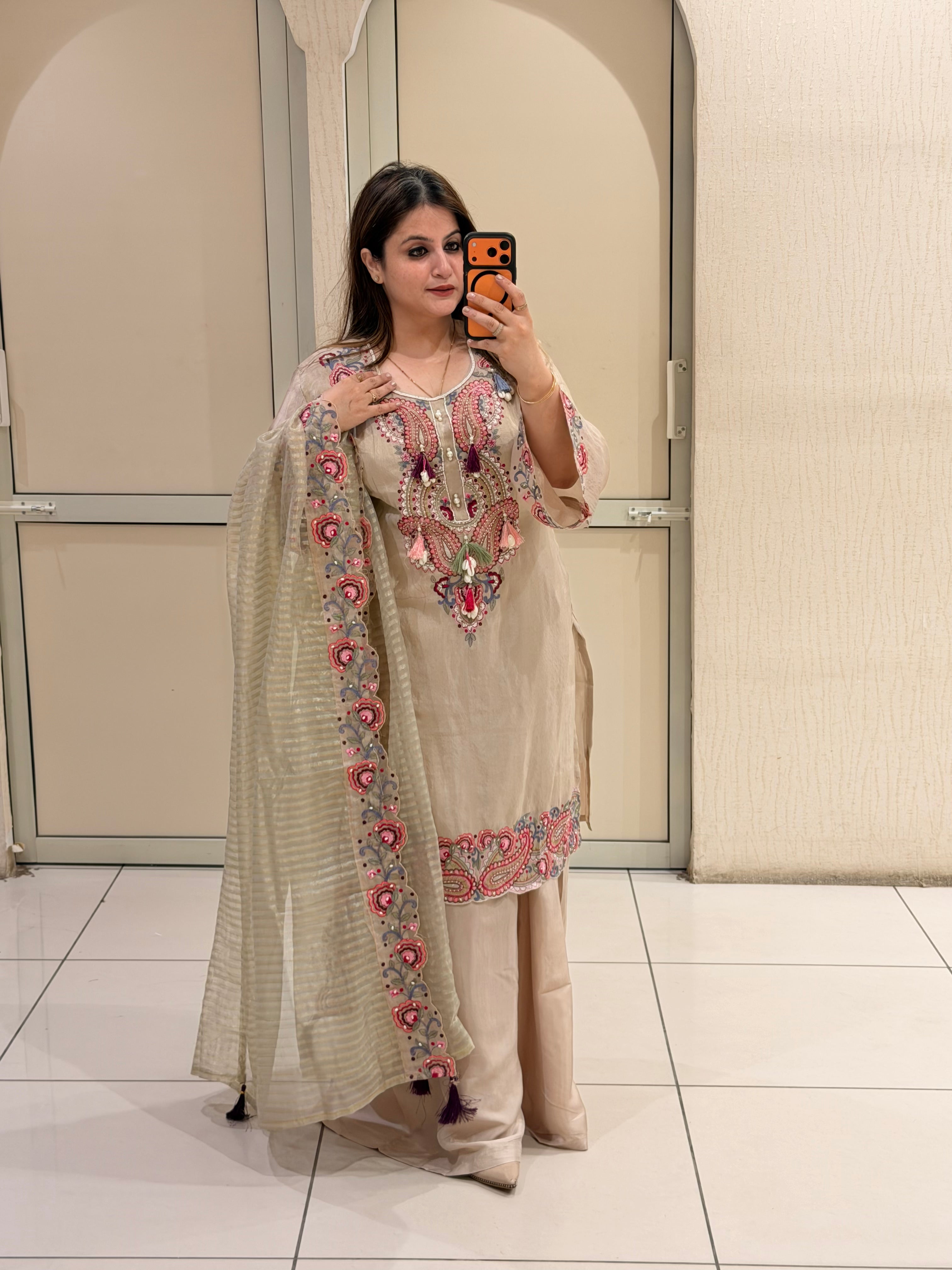 Beige Embroidered Cotton Suit Set (M–XXL)