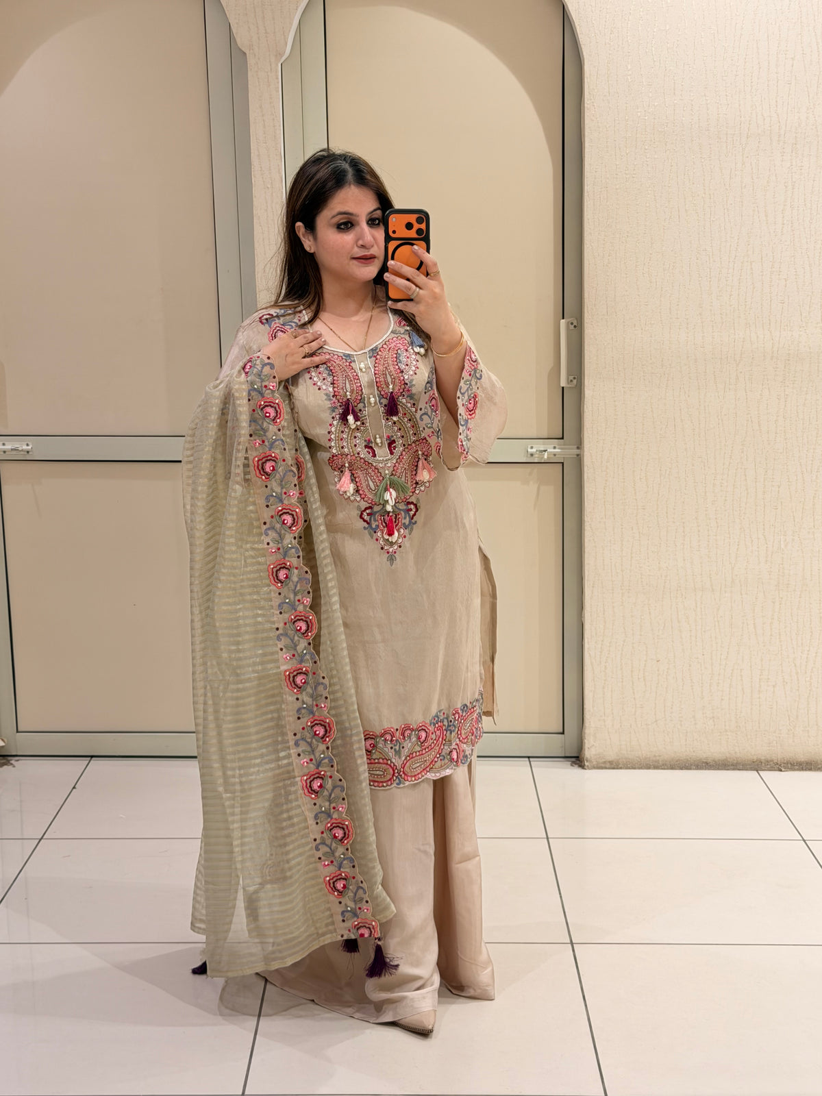 Beige Embroidered Cotton Suit Set (M–XXL)