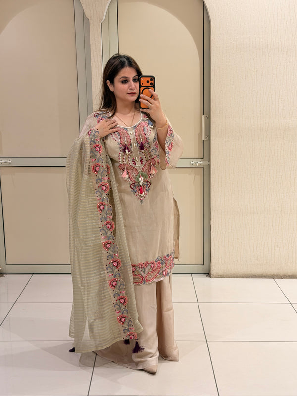 Beige Embroidered Cotton Suit Set (M–XXL)