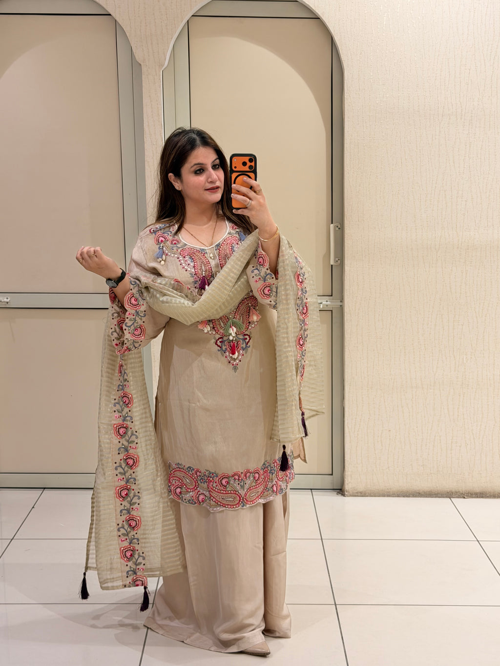 Beige Embroidered Cotton Suit Set (M–XXL)