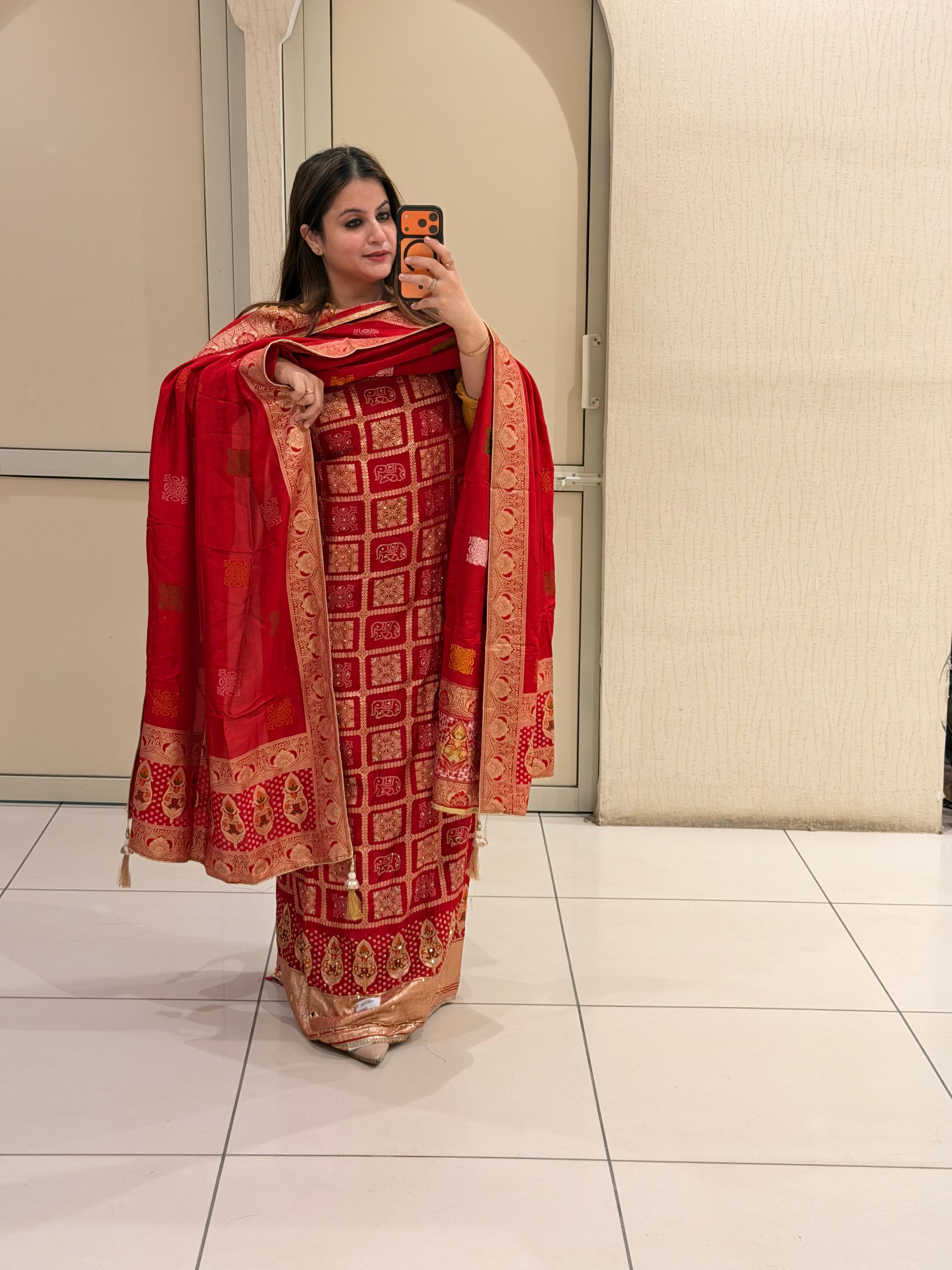Red Badni Unstitched Suit (Traditional Weave)