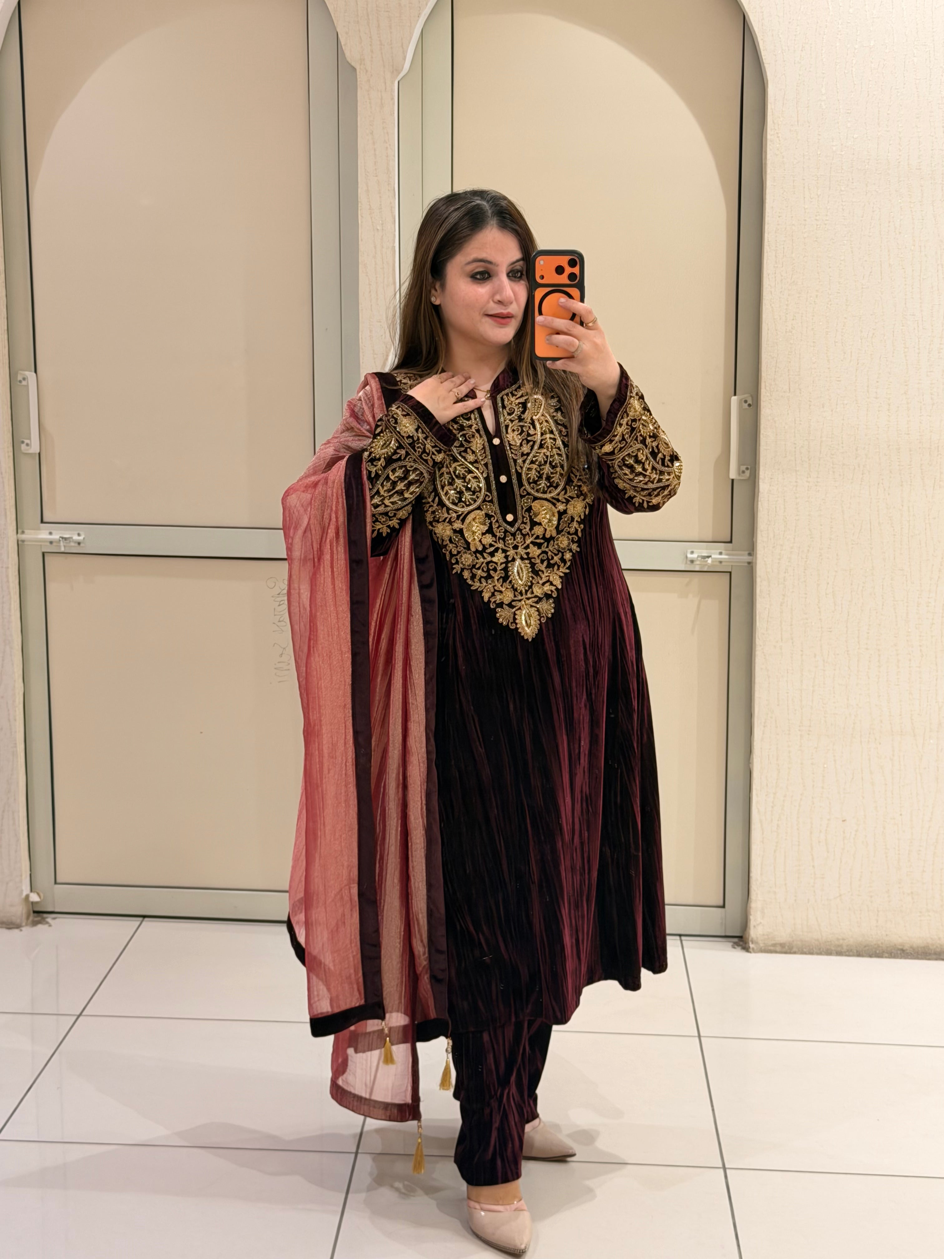 Maroon Crush Velvet Winter Embroidered Suit Set with Tissue Dupatta (L–XXL)