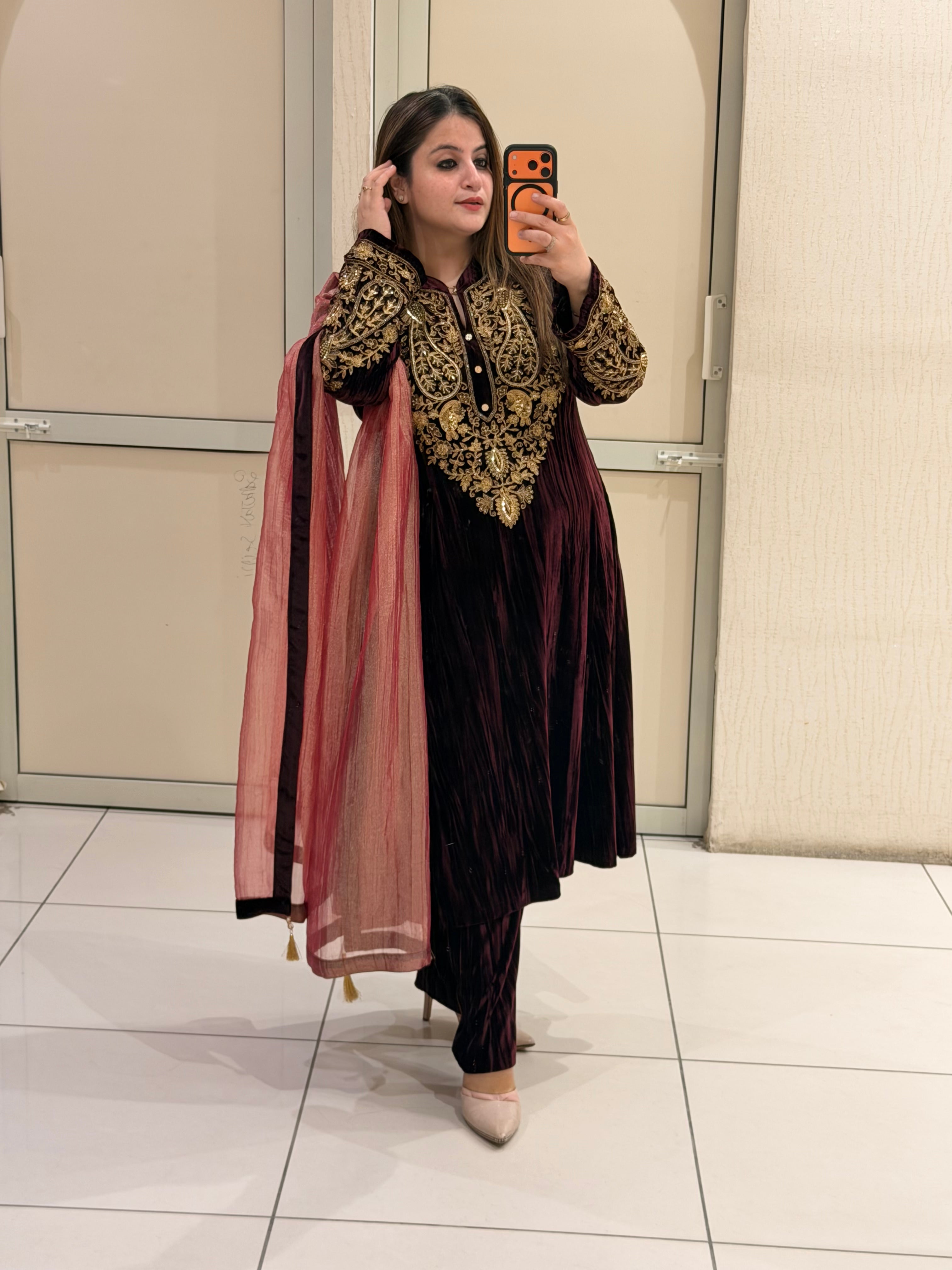Maroon Crush Velvet Winter Embroidered Suit Set with Tissue Dupatta (L–XXL)
