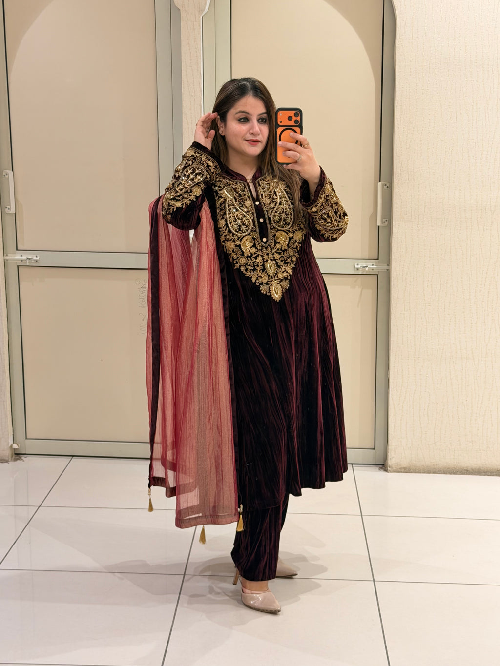 Maroon Crush Velvet Winter Embroidered Suit Set with Tissue Dupatta (L–XXL)