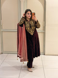Maroon Crush Velvet Winter Embroidered Suit Set with Tissue Dupatta (L–XXL)