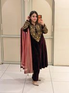 Maroon Crush Velvet Winter Embroidered Suit Set with Tissue Dupatta (L–XXL)