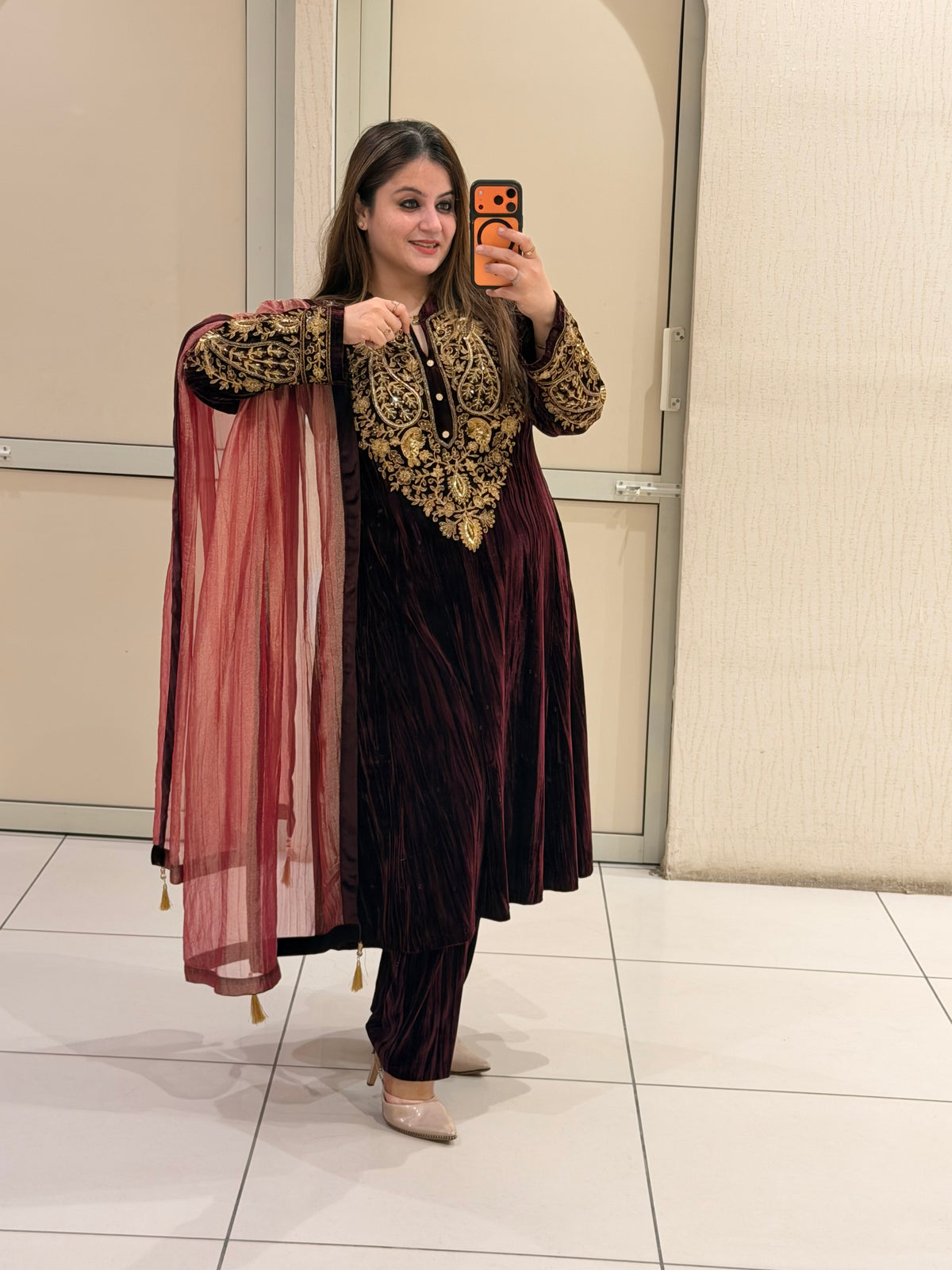 Maroon Crush Velvet Winter Embroidered Suit Set with Tissue Dupatta (L–XXL)