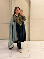 Teal Crush Velvet Winter Embroidered Suit Set with Tissue Dupatta (L–XXL)