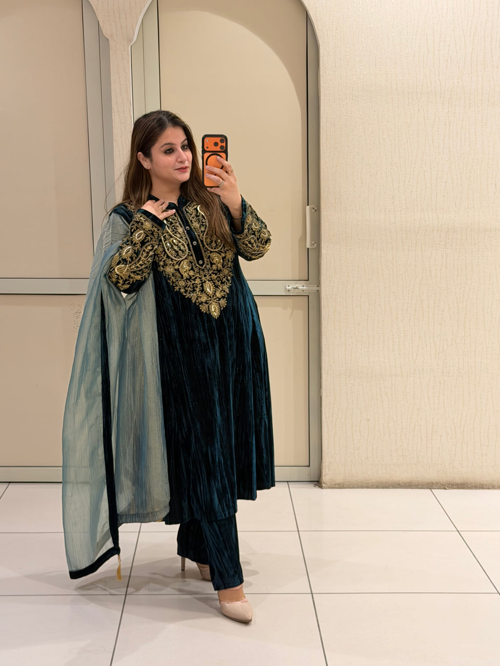 Teal Crush Velvet Winter Embroidered Suit Set with Tissue Dupatta (L–XXL)