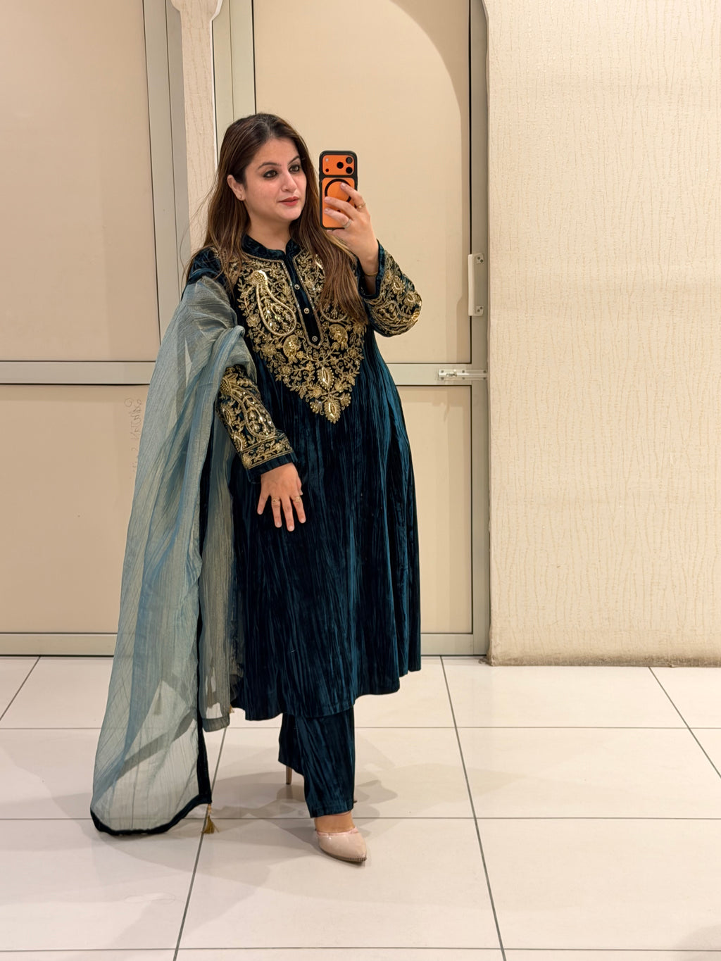 Teal Crush Velvet Winter Embroidered Suit Set with Tissue Dupatta (L–XXL)