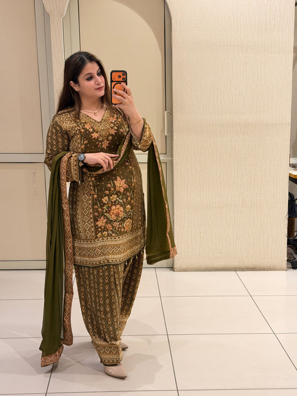 Olive Green Crepe Farsi Embroidered Suit (M–XXL)