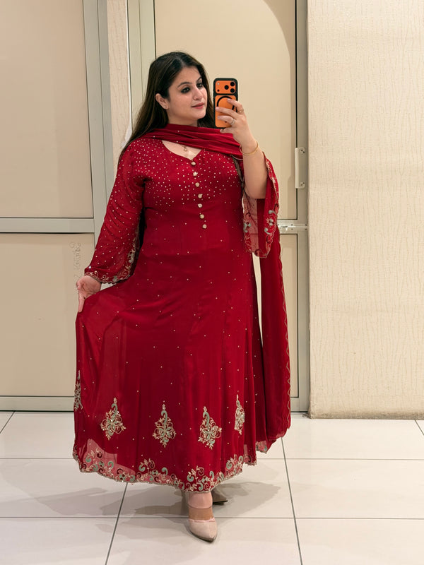 Red Pure Fabric Handwork Anarkali Suit (M–3XL)