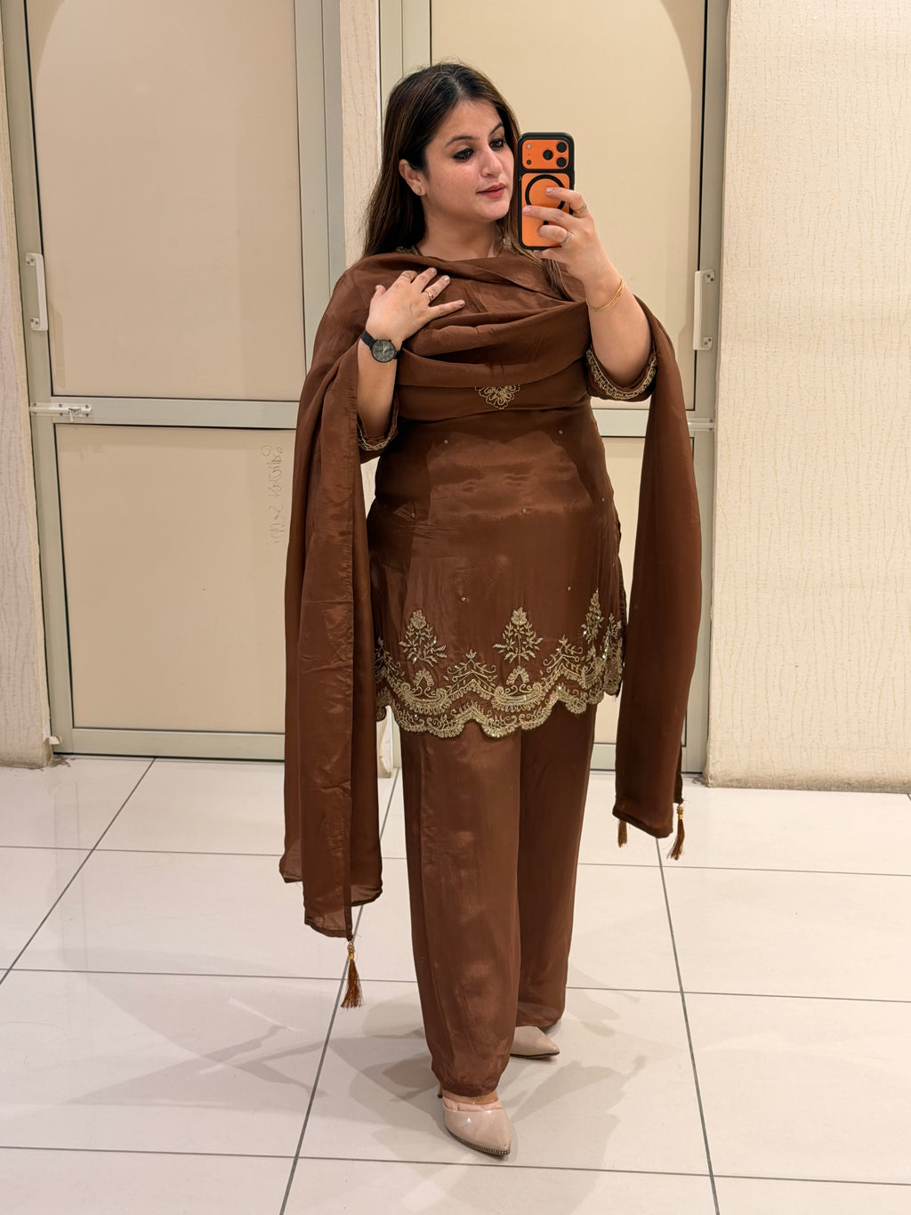Brown Crepe Embroidered Suit Set (M–XXL)
