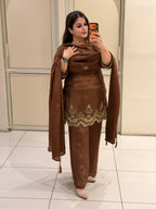 Brown Crepe Embroidered Suit Set (M–XXL)