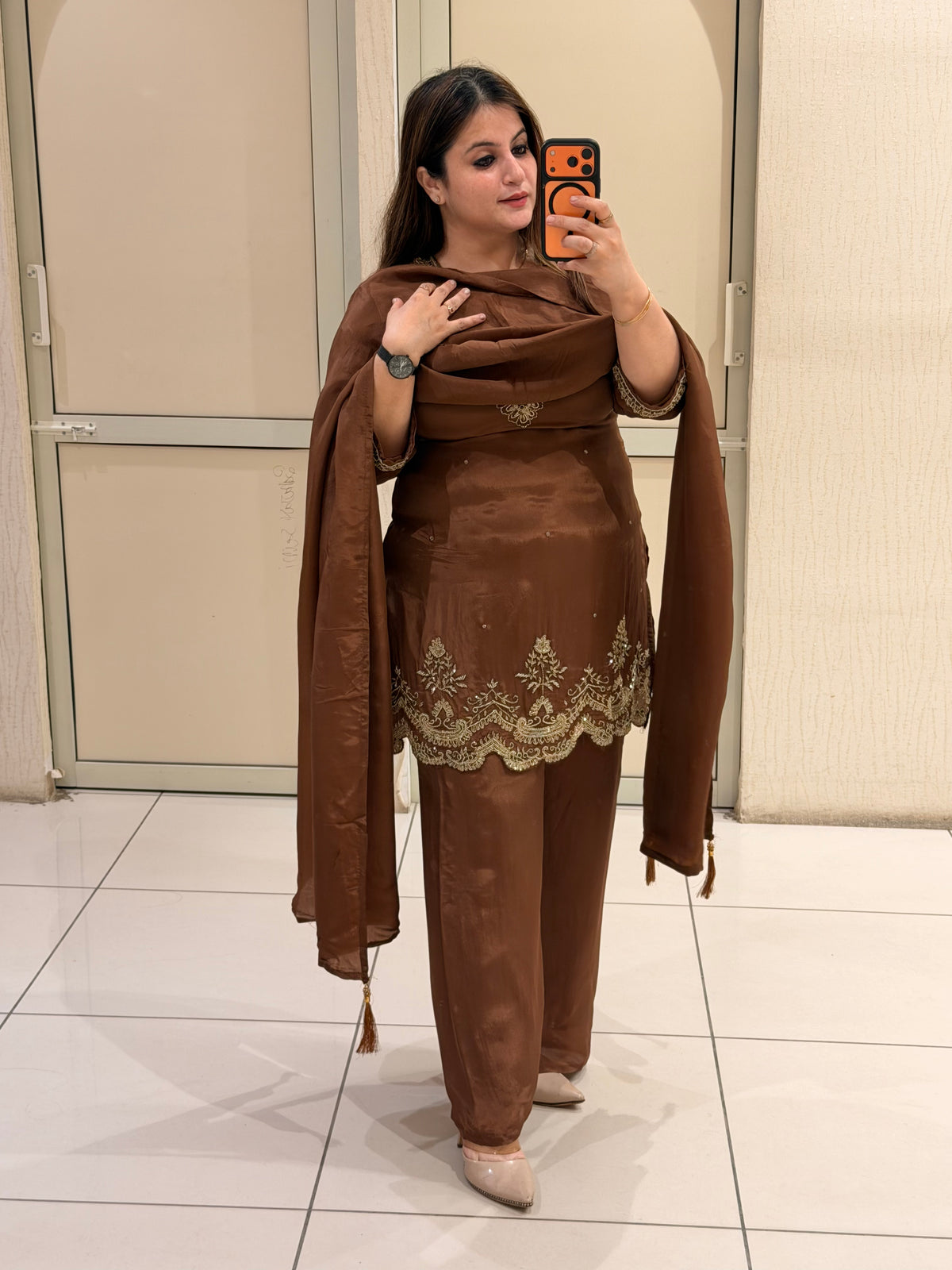 Brown Crepe Embroidered Suit Set (M–XXL)