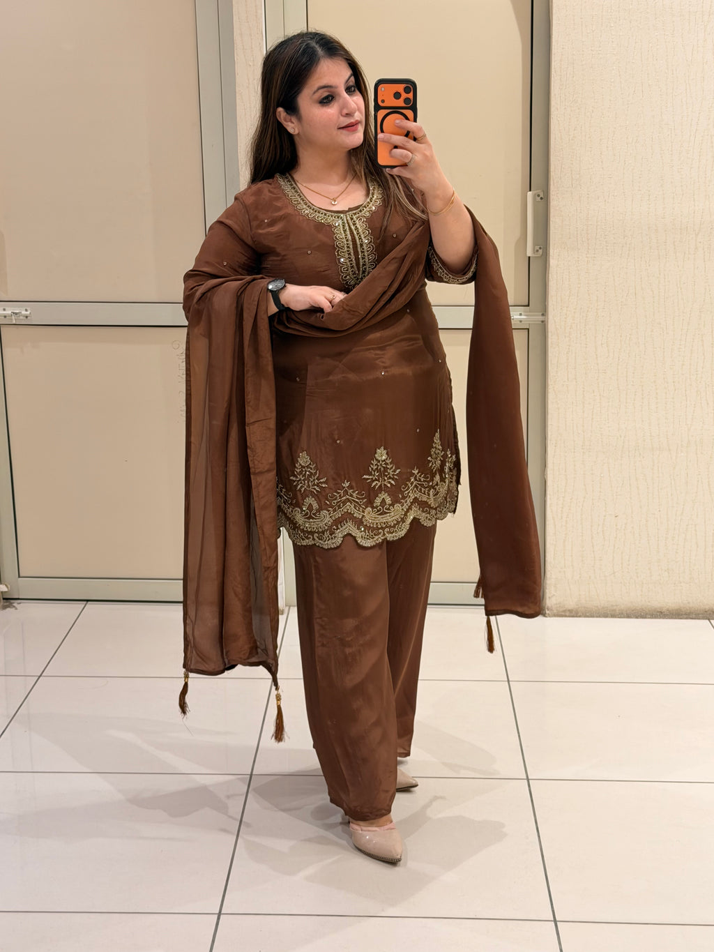 Brown Crepe Embroidered Suit Set (M–XXL)