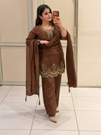 Brown Crepe Embroidered Suit Set (M–XXL)