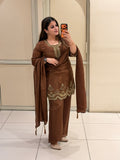 Brown Crepe Embroidered Suit Set (M–XXL)