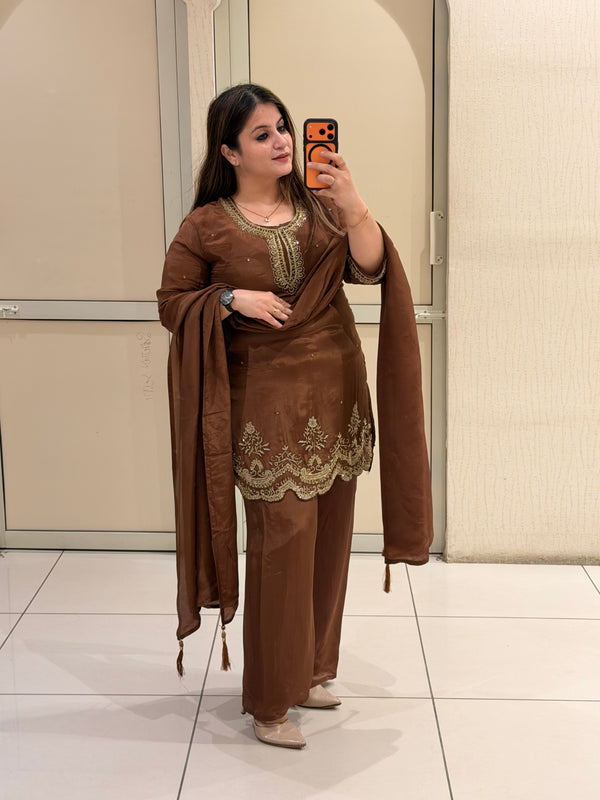 Brown Crepe Embroidered Suit Set (M–XXL)