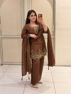 Brown Crepe Embroidered Suit Set (M–XXL)